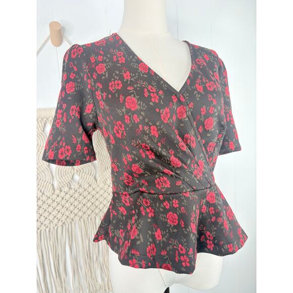 Anthro Meadow & Rue Heartland Floral Faux Wrap Peplum Top Size XS Black Red - Picture 5 of 12